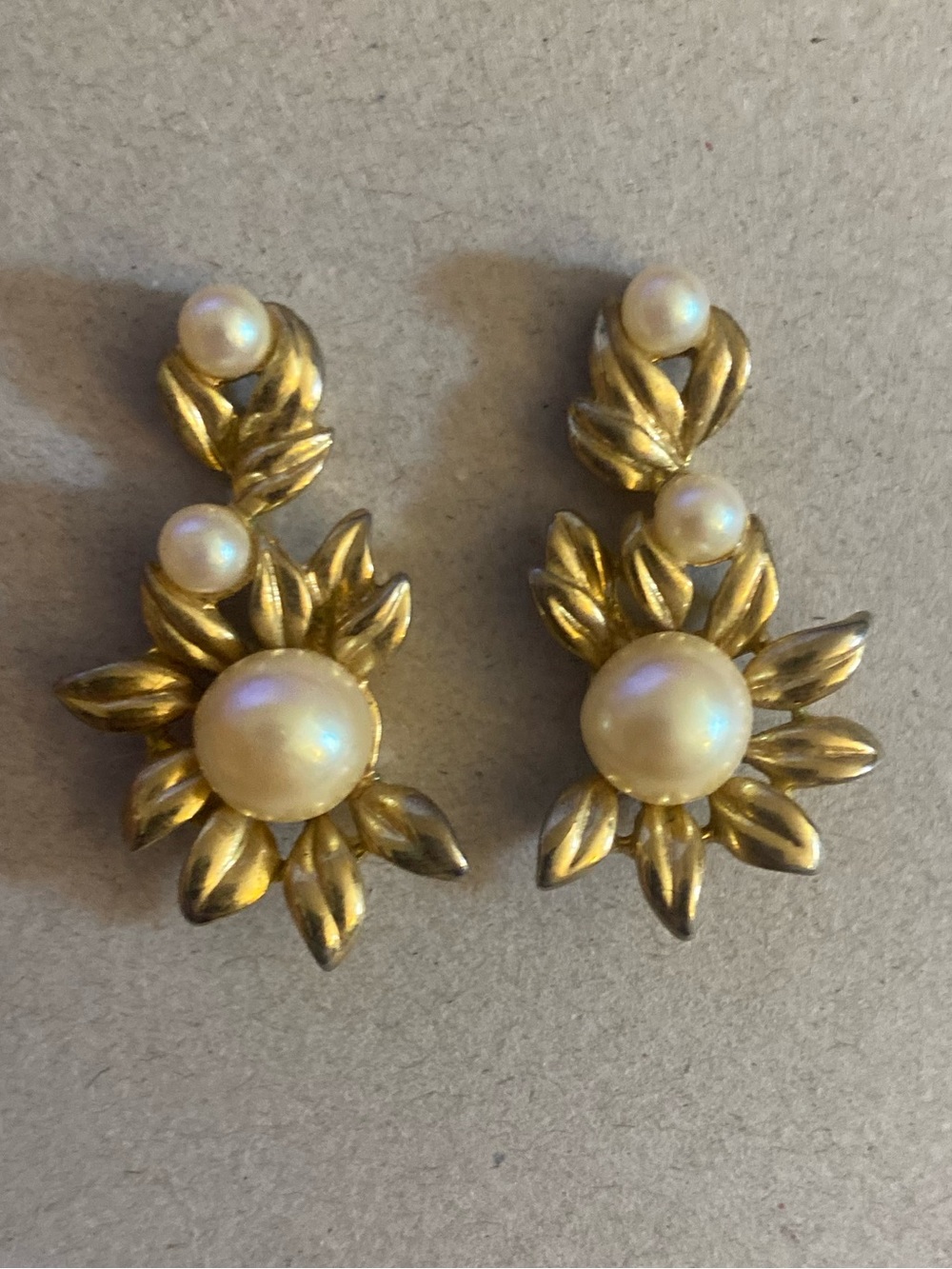 Vintage Gold Pearl Floral Stud Earrings